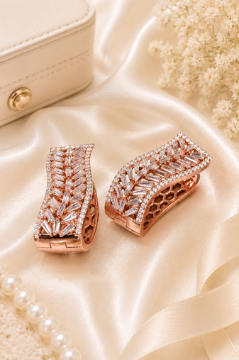 Rose gold finish elegant curved american diamond hoop earrings