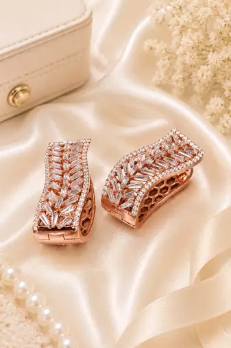 Rose gold finish elegant curved american diamond hoop earrings