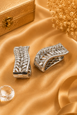 silver color rhodium finish elegant curved american diamond hoop earrings 2