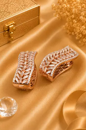 Rose gold finish elegant curved american diamond hoop earrings