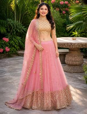 PINK  SEQUINS & EMBROIDERED NET DESIGNER WEDDING & PARTY WEAR FESTIVAL LEHENGA CHOLI SET FOR WOMEN'S 1
