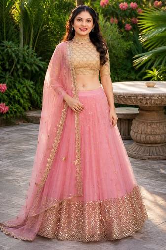 PINK  SEQUINS & EMBROIDERED NET DESIGNER WEDDING & PARTY WEAR FESTIVAL LEHENGA CHOLI SET FOR WOMEN'S