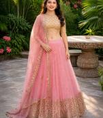PINK  SEQUINS & EMBROIDERED NET DESIGNER WEDDING & PARTY WEAR FESTIVAL LEHENGA CHOLI SET FOR WOMEN'S