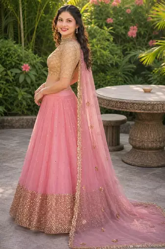 PINK  SEQUINS & EMBROIDERED NET DESIGNER WEDDING & PARTY WEAR FESTIVAL LEHENGA CHOLI SET FOR WOMEN'S