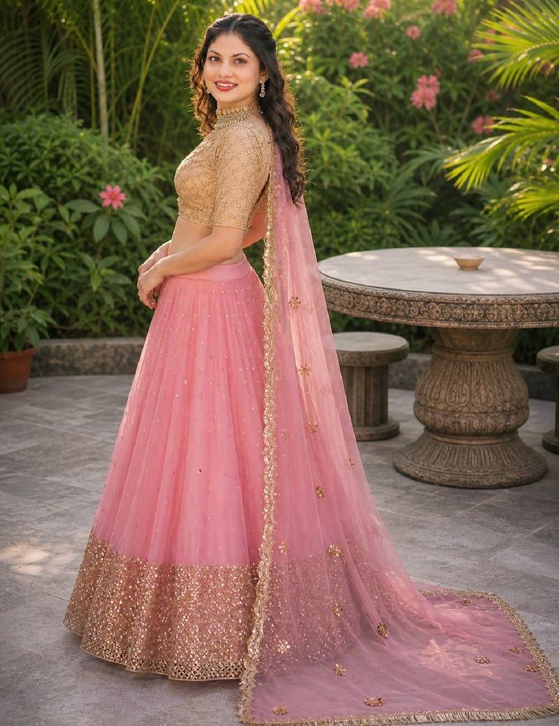 PINK  SEQUINS & EMBROIDERED NET DESIGNER WEDDING & PARTY WEAR FESTIVAL LEHENGA CHOLI SET FOR WOMEN'S