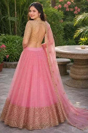 PINK  SEQUINS & EMBROIDERED NET DESIGNER WEDDING & PARTY WEAR FESTIVAL LEHENGA CHOLI SET FOR WOMEN'S