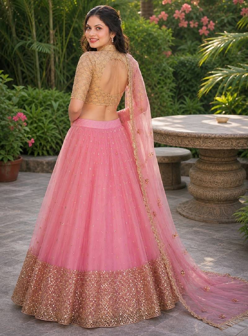 PINK  SEQUINS & EMBROIDERED NET DESIGNER WEDDING & PARTY WEAR FESTIVAL LEHENGA CHOLI SET FOR WOMEN'S