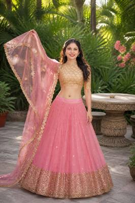 PINK  SEQUINS & EMBROIDERED NET DESIGNER WEDDING & PARTY WEAR FESTIVAL LEHENGA CHOLI SET FOR WOMEN'S 4