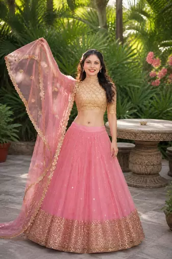 PINK  SEQUINS & EMBROIDERED NET DESIGNER WEDDING & PARTY WEAR FESTIVAL LEHENGA CHOLI SET FOR WOMEN'S