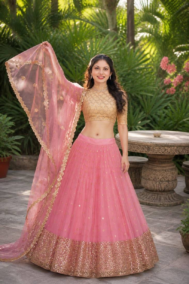 PINK  SEQUINS & EMBROIDERED NET DESIGNER WEDDING & PARTY WEAR FESTIVAL LEHENGA CHOLI SET FOR WOMEN'S