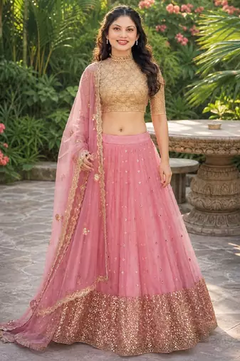 PINK  SEQUINS & EMBROIDERED NET DESIGNER WEDDING & PARTY WEAR FESTIVAL LEHENGA CHOLI SET FOR WOMEN'S