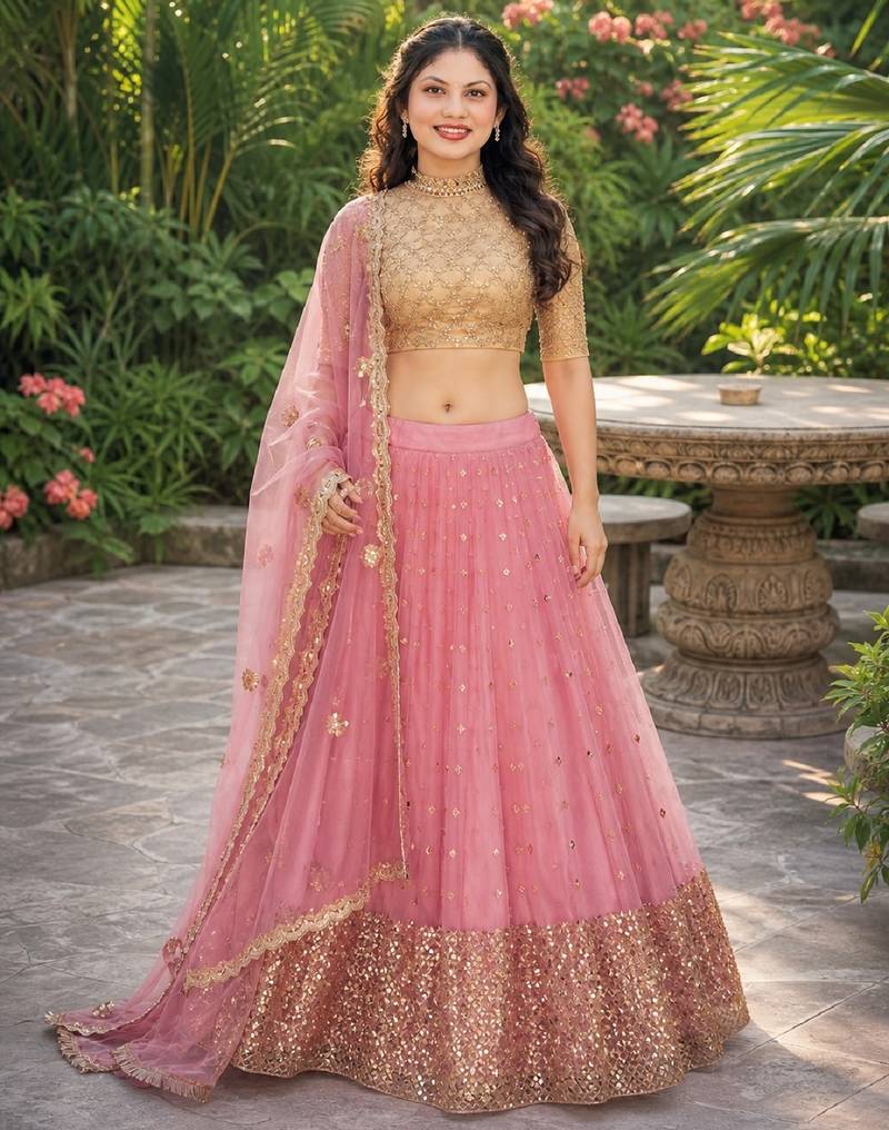 PINK  SEQUINS & EMBROIDERED NET DESIGNER WEDDING & PARTY WEAR FESTIVAL LEHENGA CHOLI SET FOR WOMEN'S