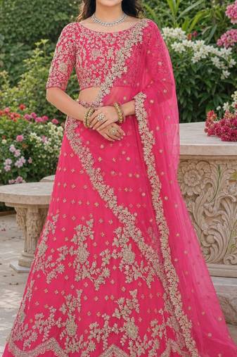 PINK SEQUINS & EMBROIDERED NET LEHENGA CHOLI SET
