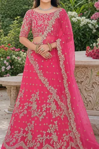 PINK SEQUINS & EMBROIDERED NET LEHENGA CHOLI SET