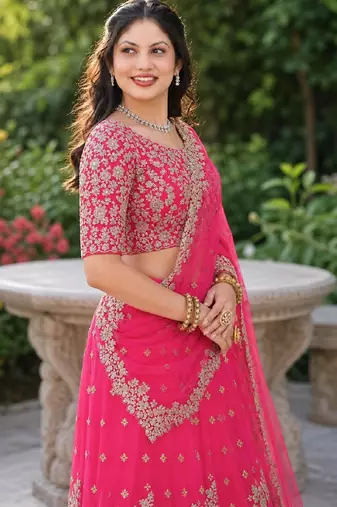 PINK SEQUINS & EMBROIDERED NET LEHENGA CHOLI SET