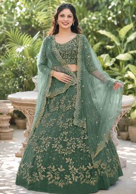 LIGHT GREEN SEQUINS & EMBROIDERED NET LEHENGA CHOLI SET 1
