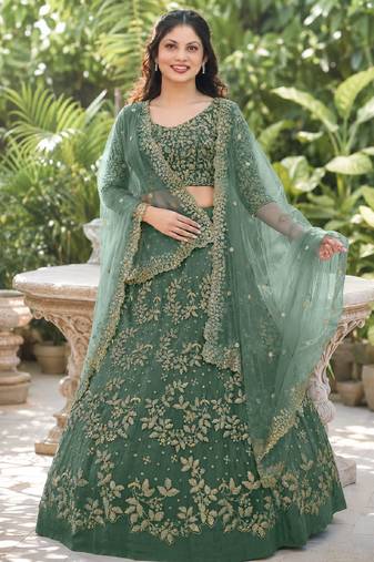 LIGHT GREEN SEQUINS & EMBROIDERED NET LEHENGA CHOLI SET