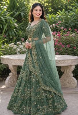 LIGHT GREEN SEQUINS & EMBROIDERED NET LEHENGA CHOLI SET 2
