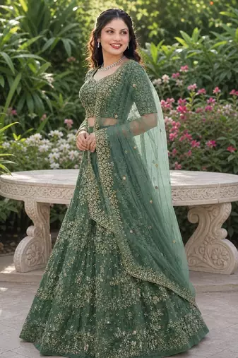 LIGHT GREEN SEQUINS & EMBROIDERED NET LEHENGA CHOLI SET