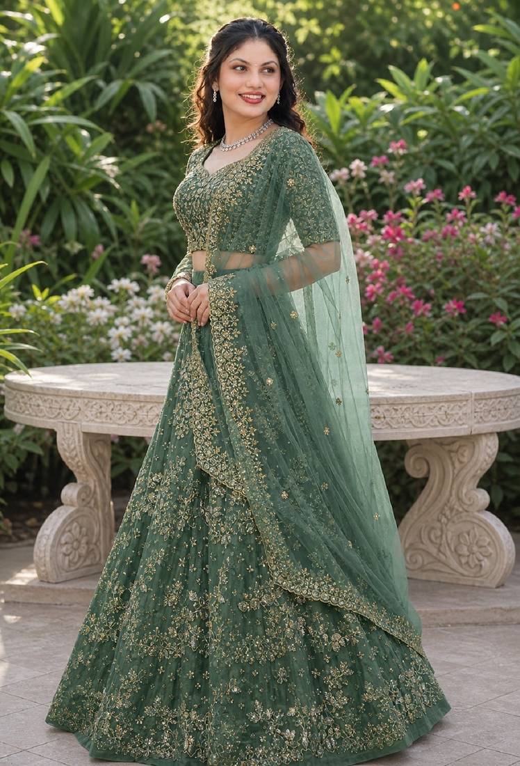LIGHT GREEN SEQUINS & EMBROIDERED NET LEHENGA CHOLI SET