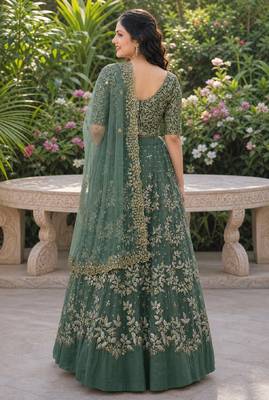 LIGHT GREEN SEQUINS & EMBROIDERED NET LEHENGA CHOLI SET 3