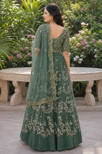 LIGHT GREEN SEQUINS & EMBROIDERED NET LEHENGA CHOLI SET