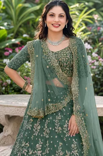LIGHT GREEN SEQUINS & EMBROIDERED NET LEHENGA CHOLI SET