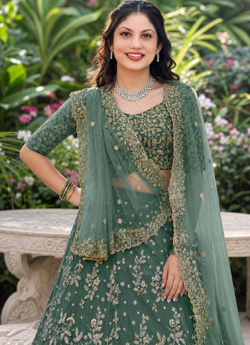 LIGHT GREEN SEQUINS & EMBROIDERED NET LEHENGA CHOLI SET