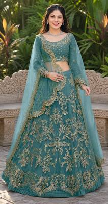TURQUOISE SEQUINS & EMBROIDERED NET LEHENGA CHOLI SET 1