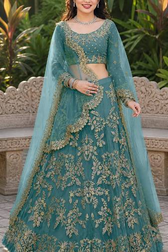 TURQUOISE SEQUINS & EMBROIDERED NET LEHENGA CHOLI SET