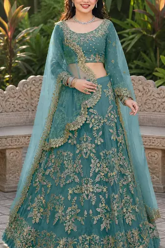TURQUOISE SEQUINS & EMBROIDERED NET LEHENGA CHOLI SET