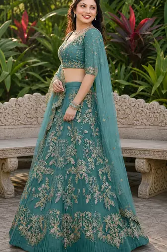 TURQUOISE SEQUINS & EMBROIDERED NET LEHENGA CHOLI SET