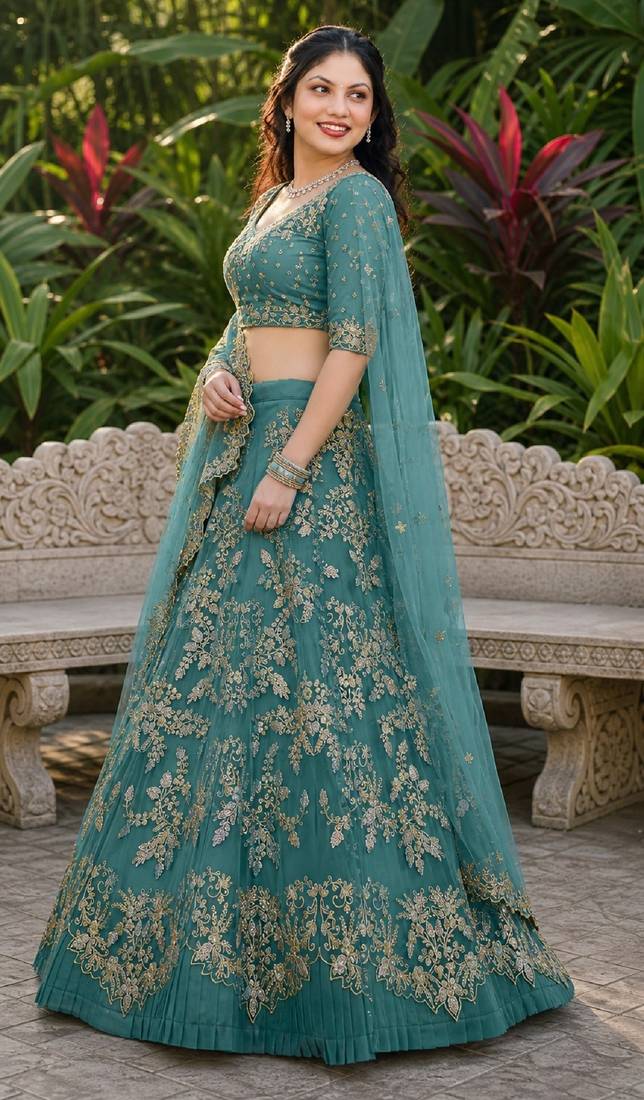 TURQUOISE SEQUINS & EMBROIDERED NET LEHENGA CHOLI SET