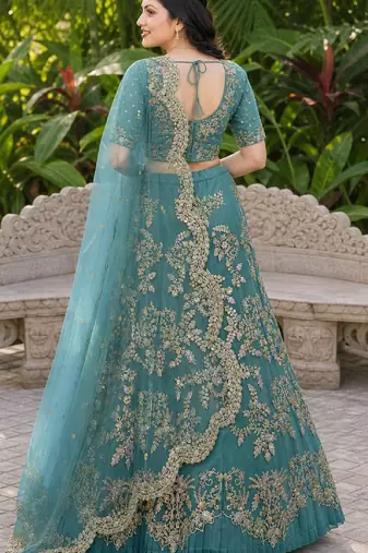 TURQUOISE SEQUINS & EMBROIDERED NET LEHENGA CHOLI SET