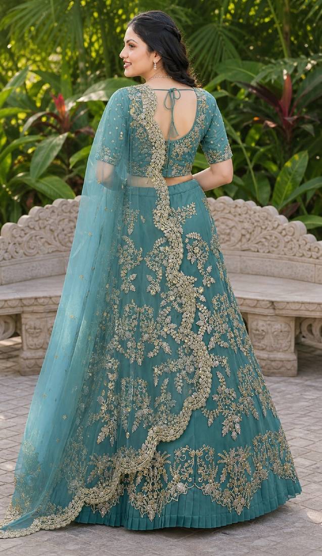 TURQUOISE SEQUINS & EMBROIDERED NET LEHENGA CHOLI SET