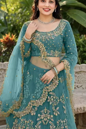 TURQUOISE SEQUINS & EMBROIDERED NET LEHENGA CHOLI SET