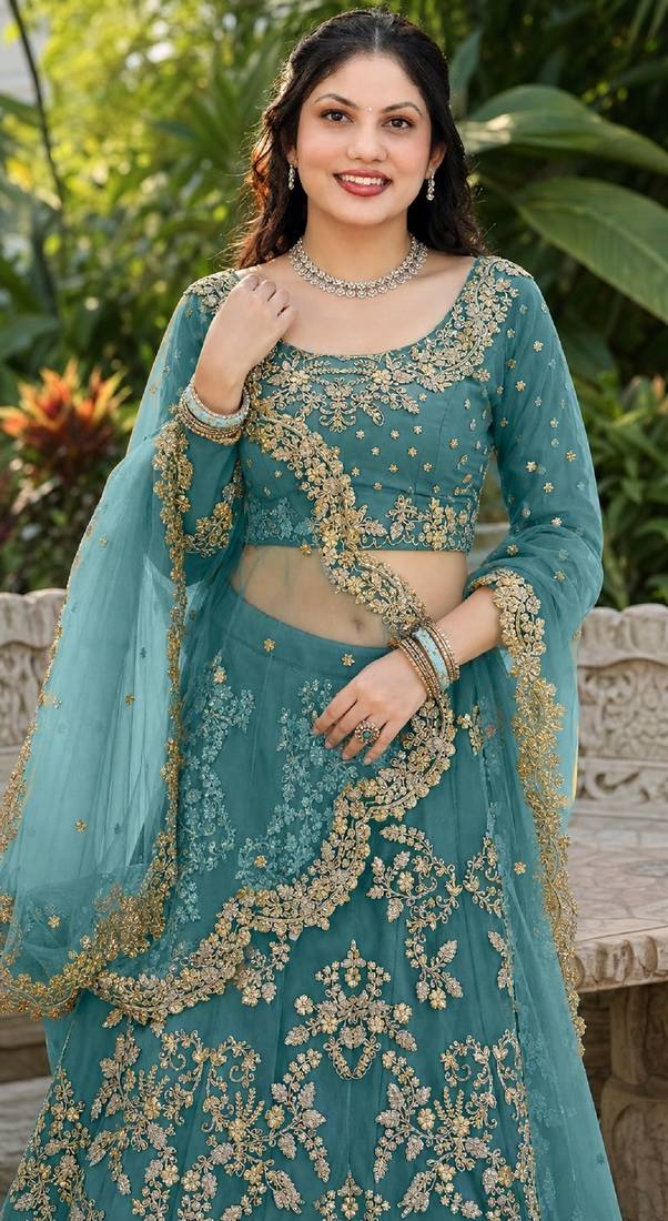 TURQUOISE SEQUINS & EMBROIDERED NET LEHENGA CHOLI SET