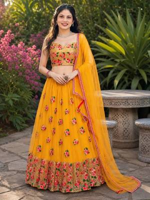 YELLOW  SEQUINS & EMBROIDERED NET DESIGNER WEDDING & PARTY WEAR FESTIVAL LEHENGA CHOLI SET FOR WOMEN'S 1