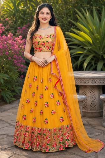 YELLOW  SEQUINS & EMBROIDERED NET DESIGNER WEDDING & PARTY WEAR FESTIVAL LEHENGA CHOLI SET FOR WOMEN'S