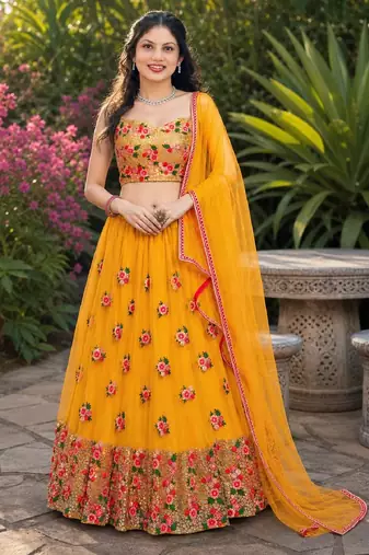 YELLOW  SEQUINS & EMBROIDERED NET DESIGNER WEDDING & PARTY WEAR FESTIVAL LEHENGA CHOLI SET FOR WOMEN'S