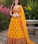 YELLOW  SEQUINS & EMBROIDERED NET DESIGNER WEDDING & PARTY WEAR FESTIVAL LEHENGA CHOLI SET FOR WOMEN'S