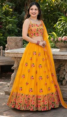 YELLOW  SEQUINS & EMBROIDERED NET DESIGNER WEDDING & PARTY WEAR FESTIVAL LEHENGA CHOLI SET FOR WOMEN'S 2