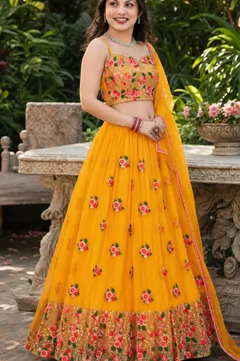 YELLOW  SEQUINS & EMBROIDERED NET DESIGNER WEDDING & PARTY WEAR FESTIVAL LEHENGA CHOLI SET FOR WOMEN'S