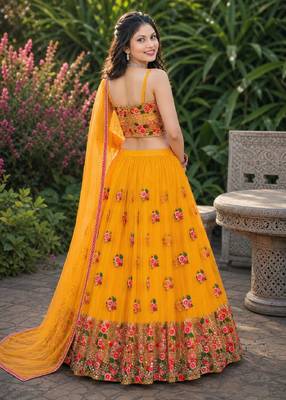 YELLOW  SEQUINS & EMBROIDERED NET DESIGNER WEDDING & PARTY WEAR FESTIVAL LEHENGA CHOLI SET FOR WOMEN'S 3