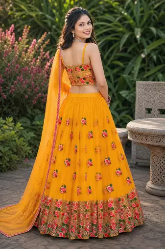 YELLOW  SEQUINS & EMBROIDERED NET DESIGNER WEDDING & PARTY WEAR FESTIVAL LEHENGA CHOLI SET FOR WOMEN'S