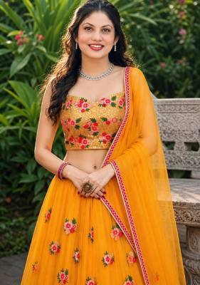 YELLOW  SEQUINS & EMBROIDERED NET DESIGNER WEDDING & PARTY WEAR FESTIVAL LEHENGA CHOLI SET FOR WOMEN'S 4