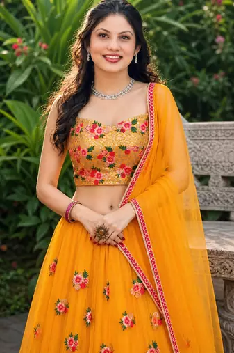 YELLOW  SEQUINS & EMBROIDERED NET DESIGNER WEDDING & PARTY WEAR FESTIVAL LEHENGA CHOLI SET FOR WOMEN'S
