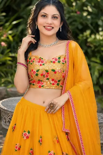 YELLOW  SEQUINS & EMBROIDERED NET DESIGNER WEDDING & PARTY WEAR FESTIVAL LEHENGA CHOLI SET FOR WOMEN'S