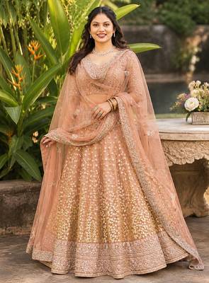 BROWN SEQUINS & EMBROIDERED NET LEHENGA CHOLI SET 1