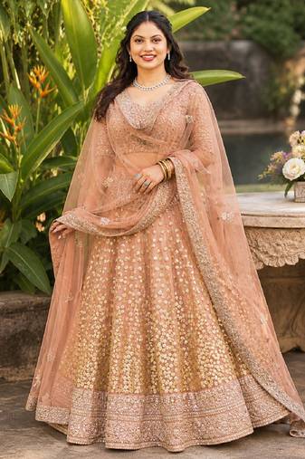 BROWN SEQUINS & EMBROIDERED NET LEHENGA CHOLI SET